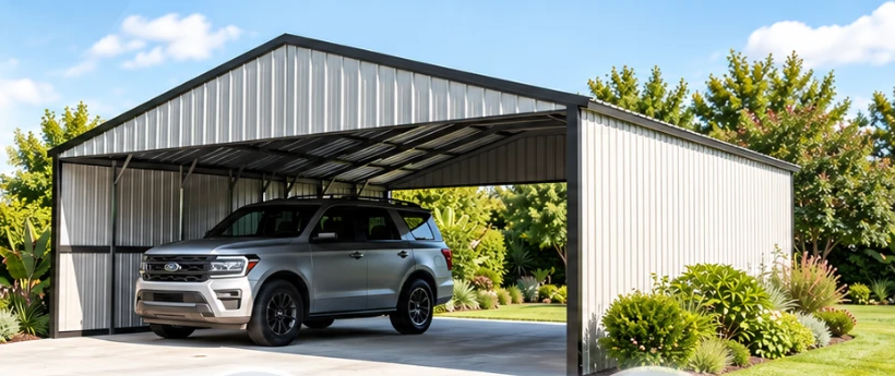 Finished metal carport with an SUV parked underneath